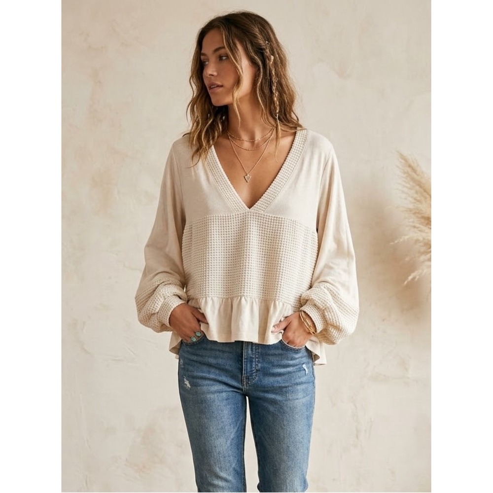 POL Cream Waffle Knit Wool Blend Thermal Peplum Blouse S Boho Cottagecore Fairy